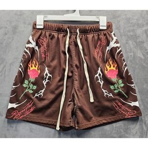 Civil Regime Brown Mesh Roses From Concrete Graphic Shorts Mens Small 5 Inseam